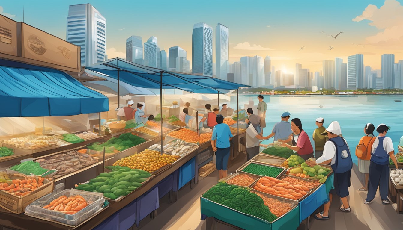 A bustling seafood market with colorful stalls and fresh catches on display, set against a backdrop of the East Coast skyline in Singapore