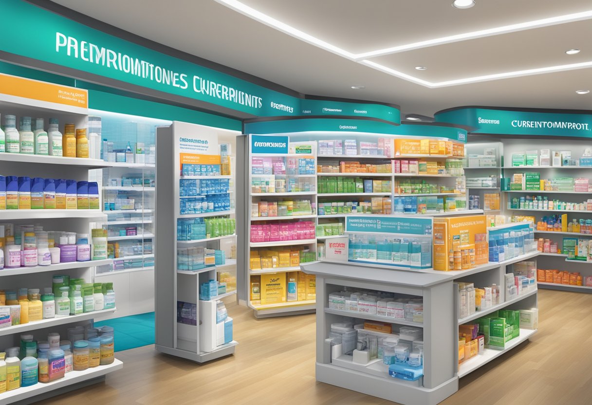 A colorful display of pharmaceutical products with prominent "Current Promotions" signage, surrounded by promotional materials and information at Abbott Promotions in Singapore
