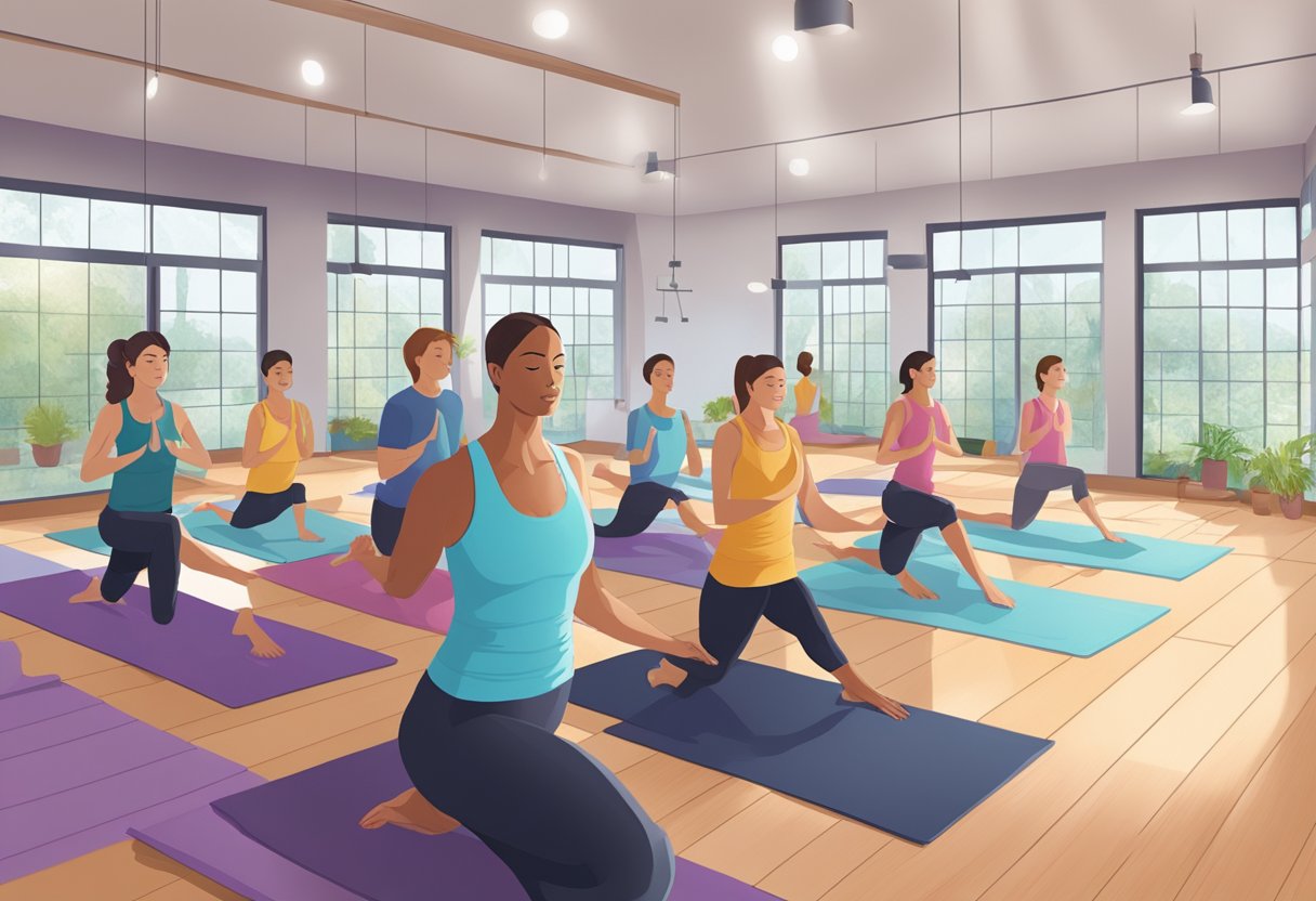 A serene yoga studio with a heated room, mirrored walls, and students holding challenging poses
