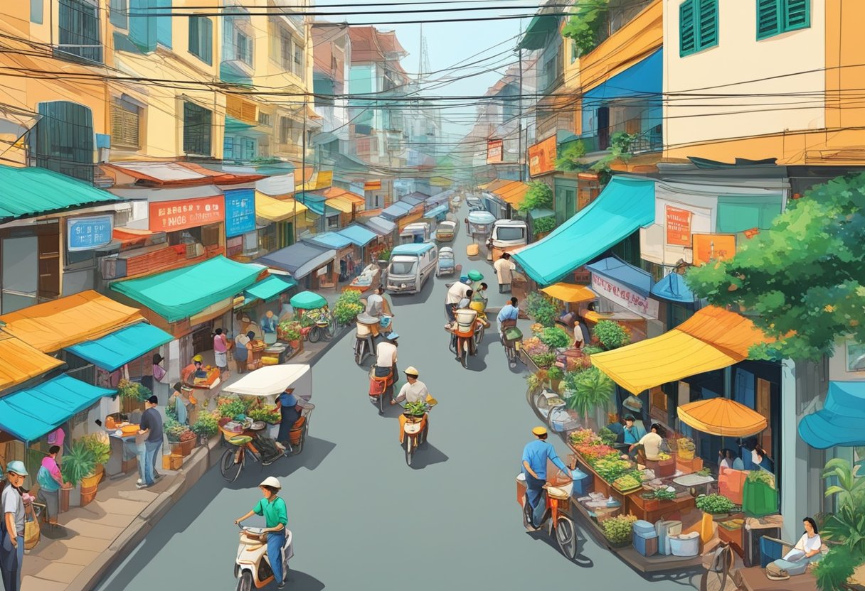 The bustling streets of Ho Chi Minh District 1, with colorful signs and crowded seafood restaurants