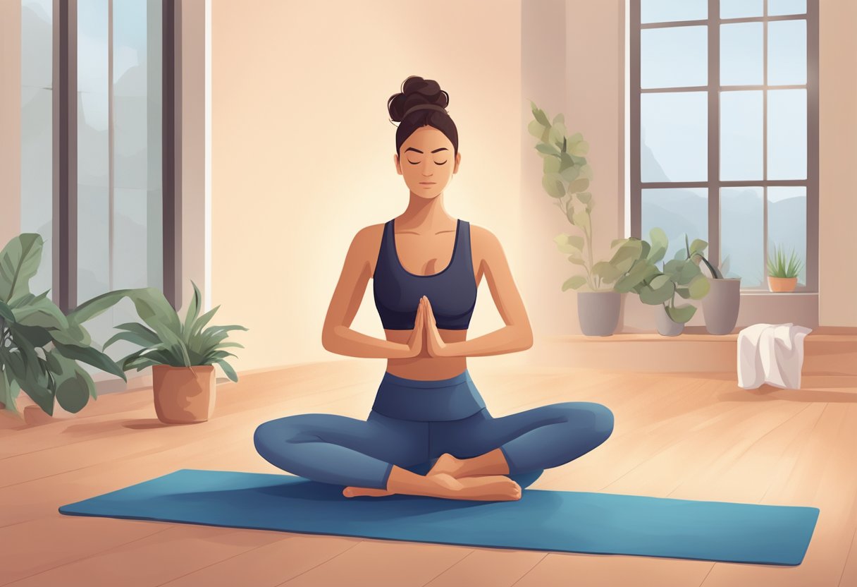 A person practicing Bikram yoga, surrounded by a hot and humid studio, with a yoga mat and towel, performing various poses and breathing exercises