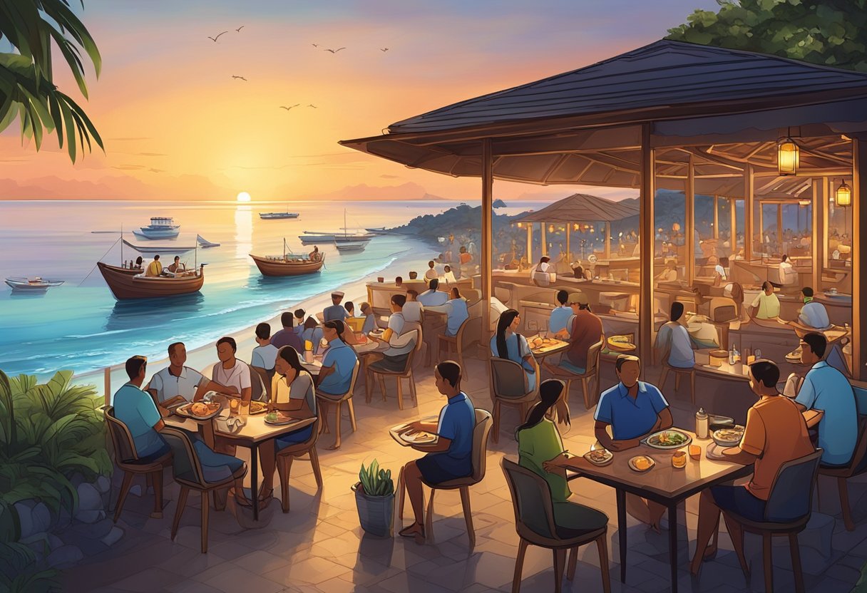 A bustling seafood restaurant on Jimbaran beach, with colorful outdoor seating and a view of the ocean. Customers enjoy fresh seafood dishes as the sun sets over the horizon