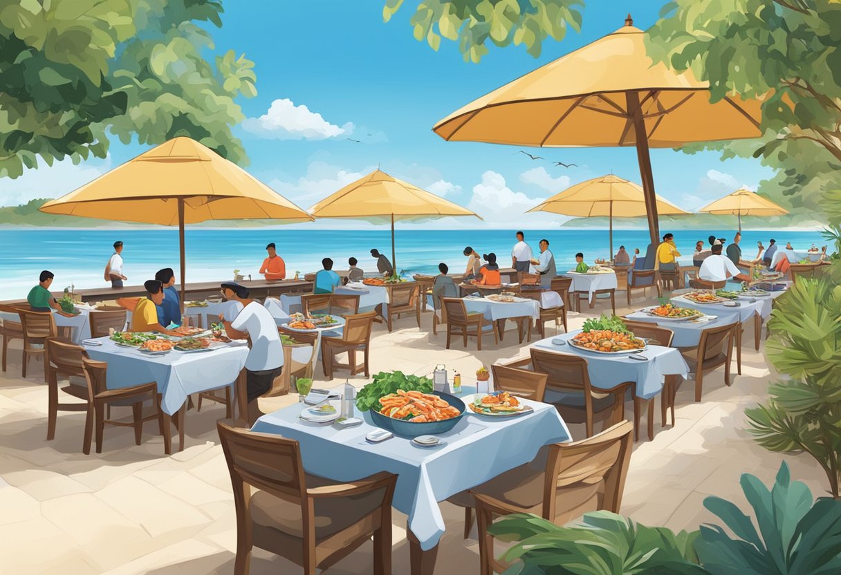 Tables lined with fresh seafood, chefs grilling fish, and a picturesque beach backdrop at the best seafood restaurant in Jimbaran Beach