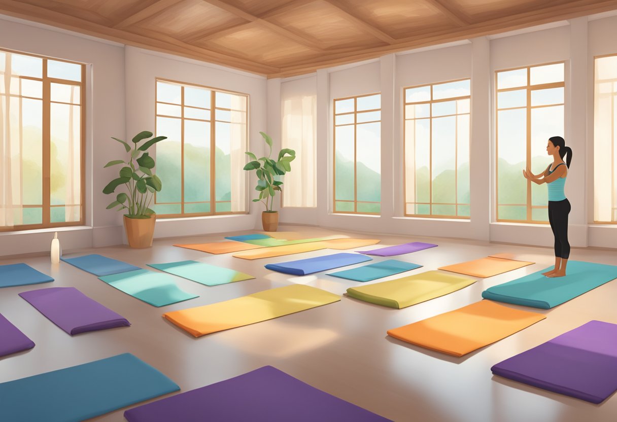 A serene yoga studio with five pillars representing the key principles of Bikram yoga: breathing, posture, balance, strength, and flexibility