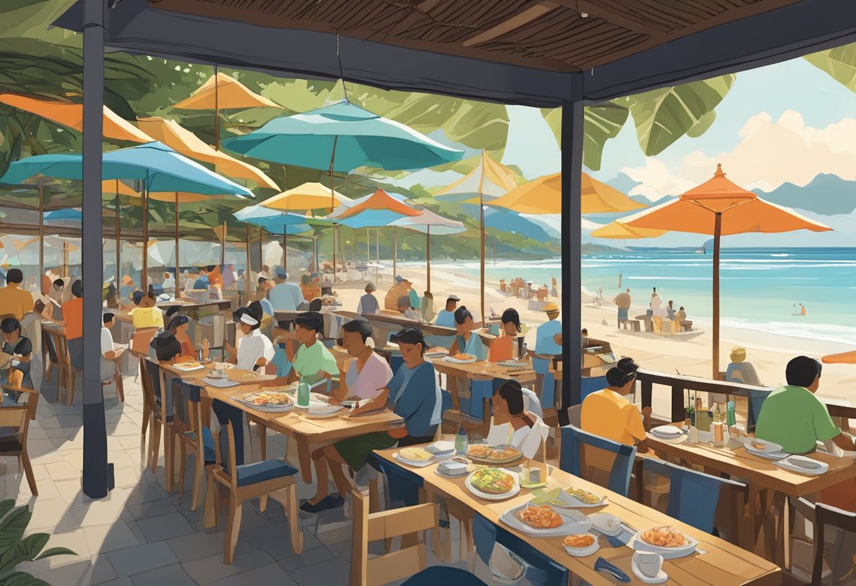 A bustling seafood restaurant on Jimbaran Beach, with colorful umbrellas shading outdoor tables and the smell of grilled fish filling the air