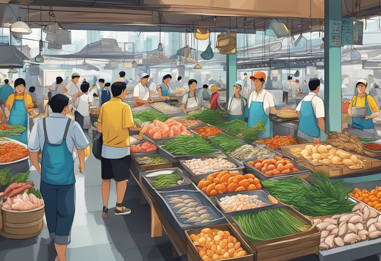 A bustling seafood market with colorful displays of fresh fish and shellfish, surrounded by bustling restaurants serving up the best seafood dishes in Singapore