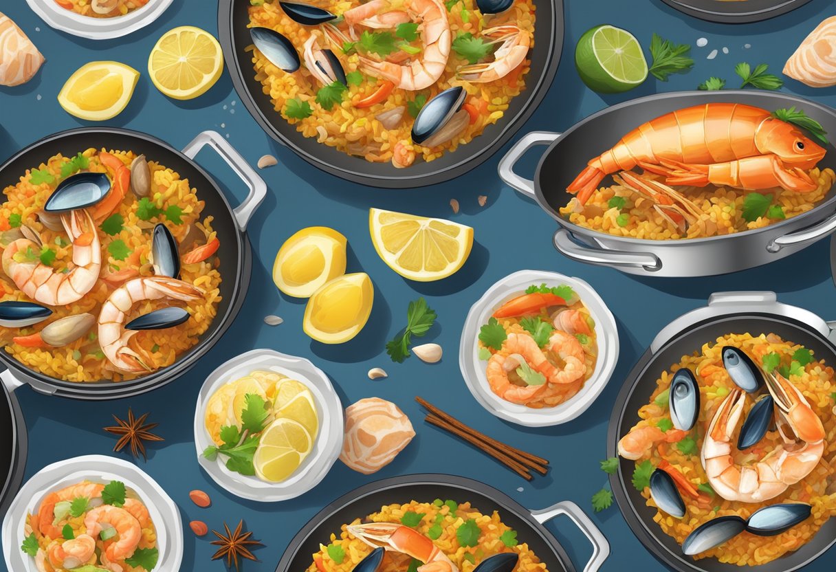 A large pan sizzles with a colorful mix of seafood, rice, and spices, steam rising as the perfect seafood paella comes together