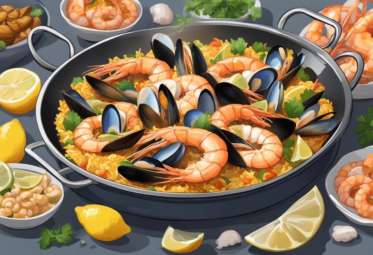 A steaming pan of seafood paella with prawns, mussels, and squid, garnished with fresh herbs and lemon wedges, set against a backdrop of a bustling Singaporean seafood market