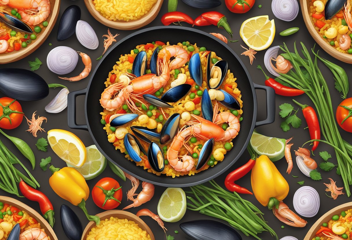 A sizzling pan of vibrant seafood paella, steaming with fragrant saffron rice and brimming with plump prawns, juicy mussels, and tender squid. A medley of colorful peppers, peas, and tomatoes adds a pop