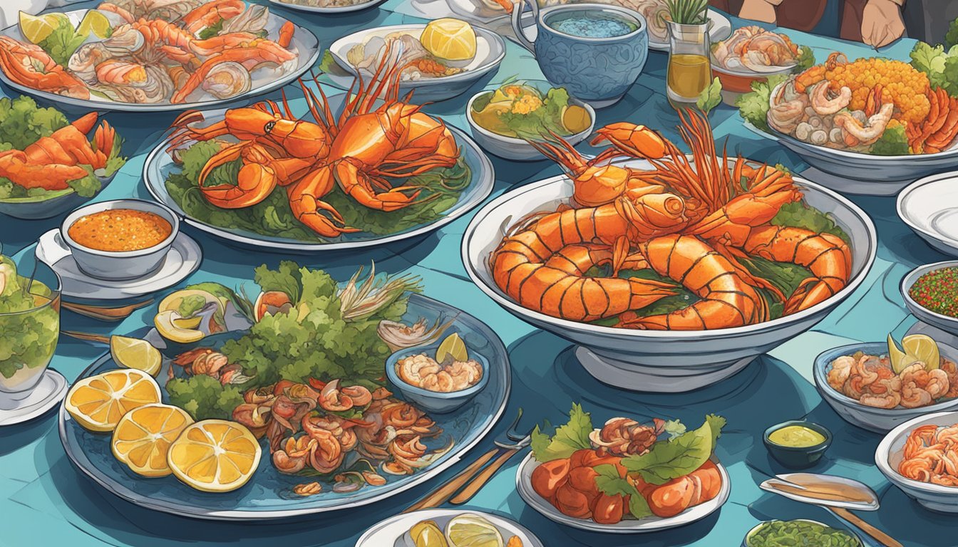 Customers savoring fresh seafood dishes in vibrant Istanbul and Singapore restaurants. Tables adorned with colorful platters of fish, shrimp, and octopus. Aromatic spices fill the air