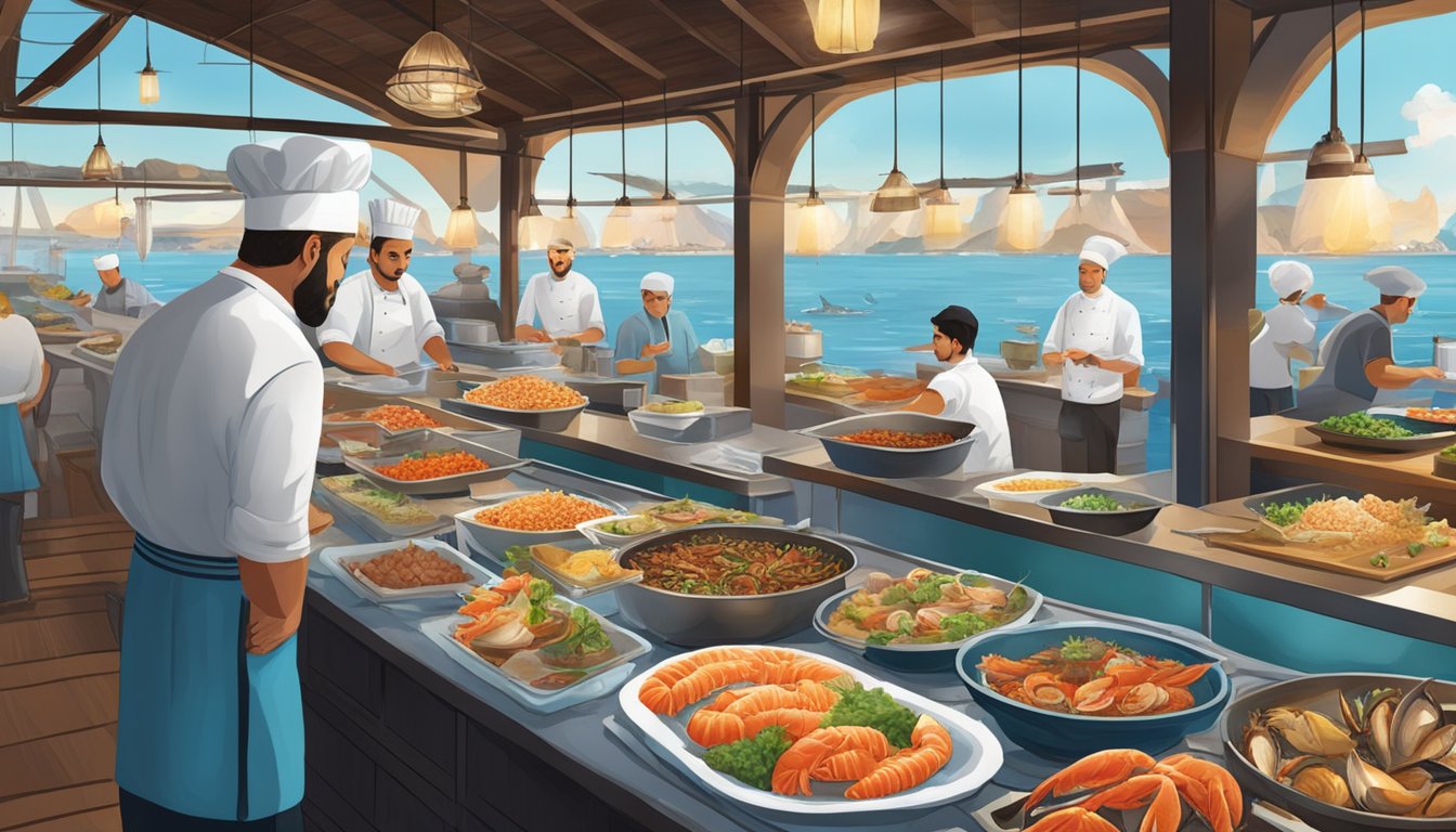 A bustling seafood restaurant in Istanbul, with colorful displays of fresh fish and shellfish, chefs expertly preparing dishes, and diners enjoying their meals with a view of the sea