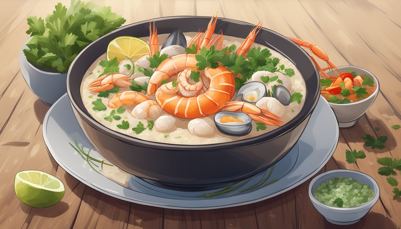 A steaming bowl of seafood porridge sits on a rustic wooden table, garnished with fresh herbs and surrounded by colorful Asian condiments