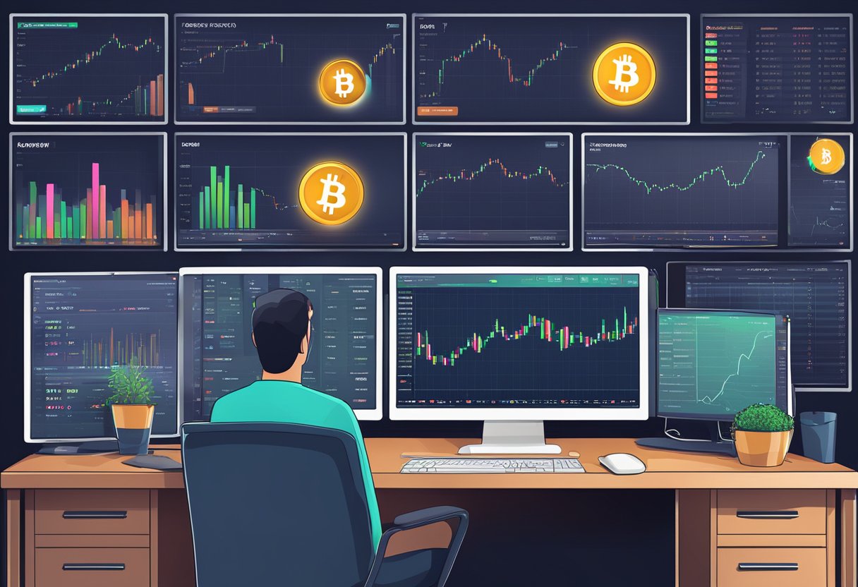 A computer screen displaying cryptocurrency charts and trading strategies
