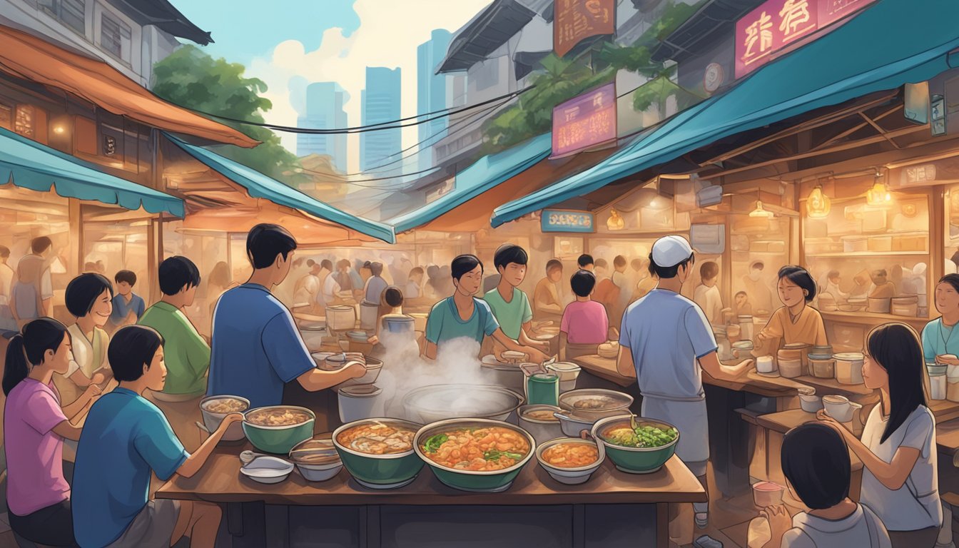 A steaming bowl of rich, creamy seafood porridge sits on a table, surrounded by vibrant, bustling hawker stalls in Singapore