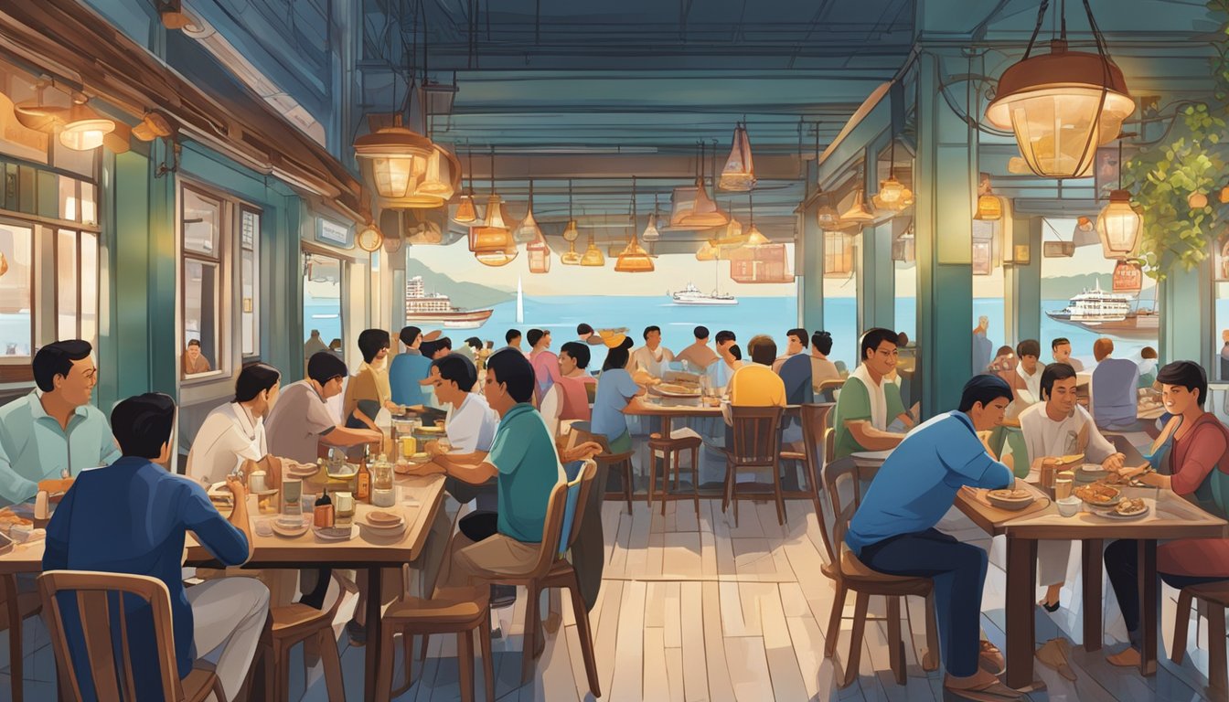 A bustling seafood restaurant in Istanbul, Singapore, with diners enjoying fresh catches and a lively atmosphere