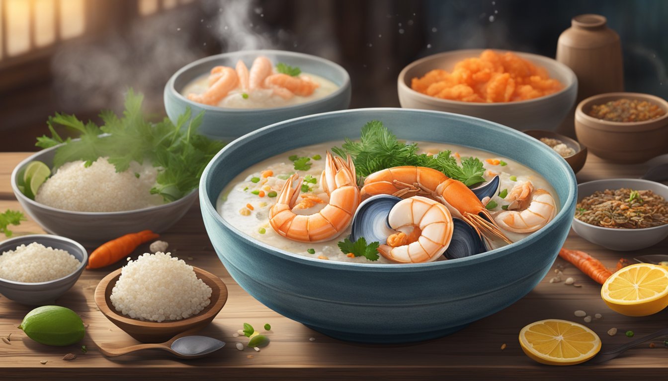 A steaming bowl of seafood porridge sits on a rustic wooden table, surrounded by vibrant spices and fresh ingredients. The aroma of the ocean fills the air, inviting the viewer to savor the delicious dish