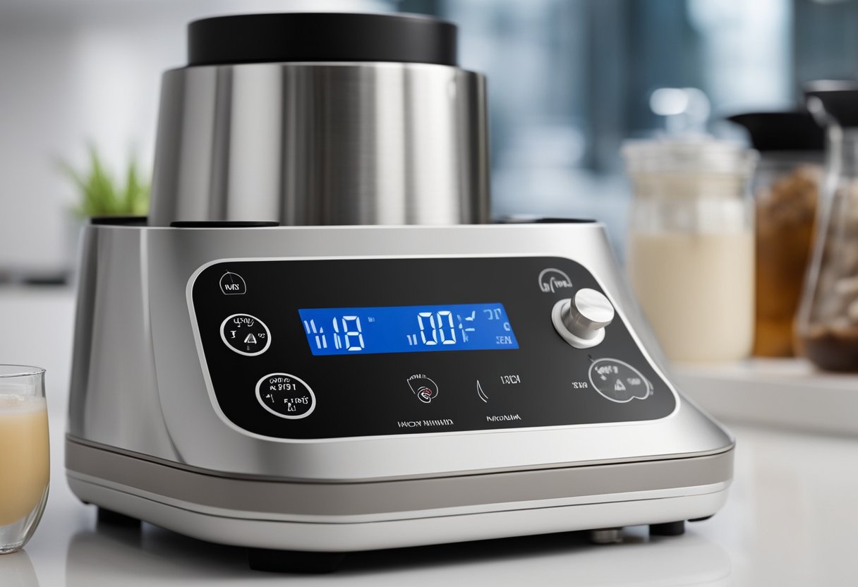 A bottle warmer heats breast milk in a compact, electric device. The warmer has a digital display and a timer for precise temperature control