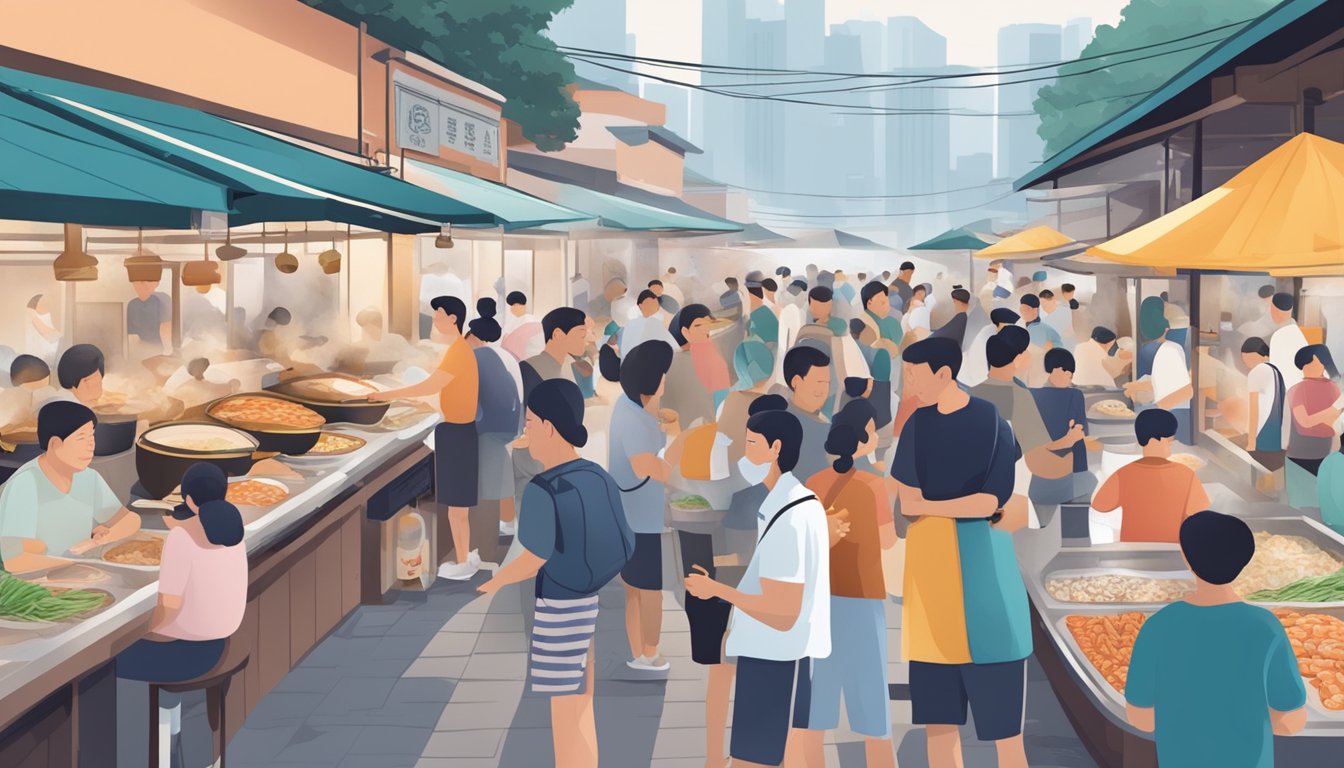 A bustling hawker center with steaming pots, fresh seafood, and eager customers lining up for the best seafood porridge in Singapore