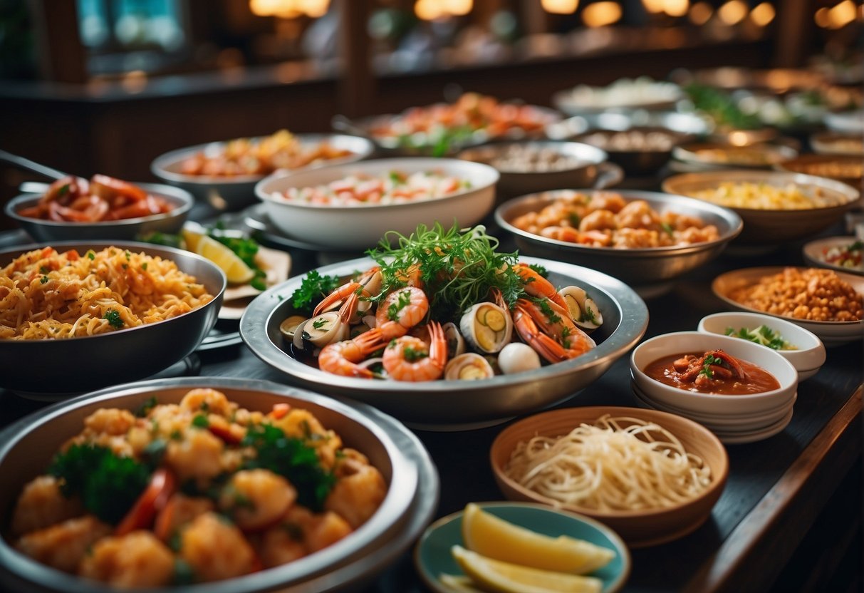 A bustling buffet spread with a colorful array of seafood and international dishes, set against a backdrop of vibrant dining ambiance
