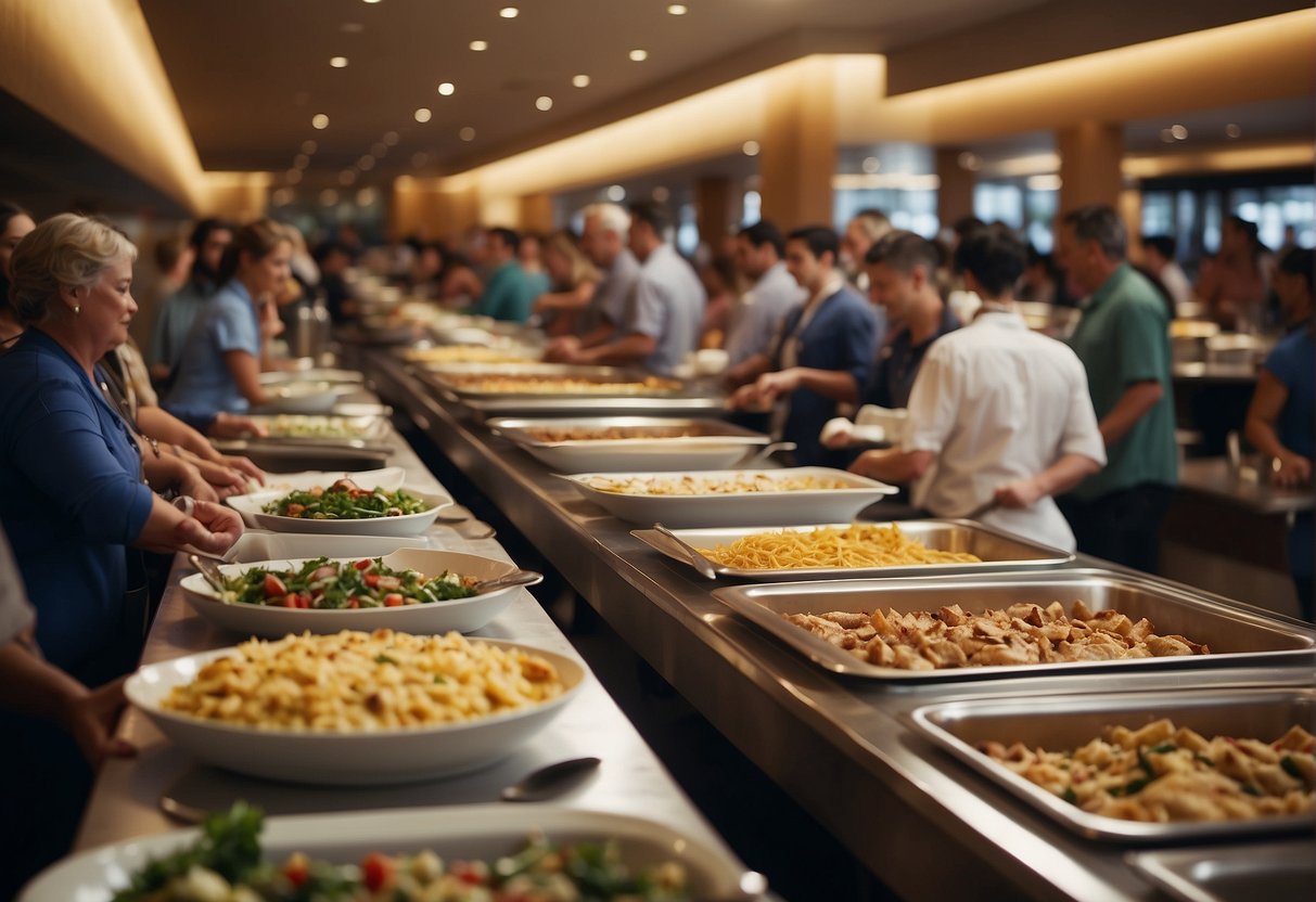 A crowded buffet restaurant with a long line of people waiting to fill their plates with various dishes. Tables are filled with diners enjoying their meals, while staff members are busy replenishing the food stations