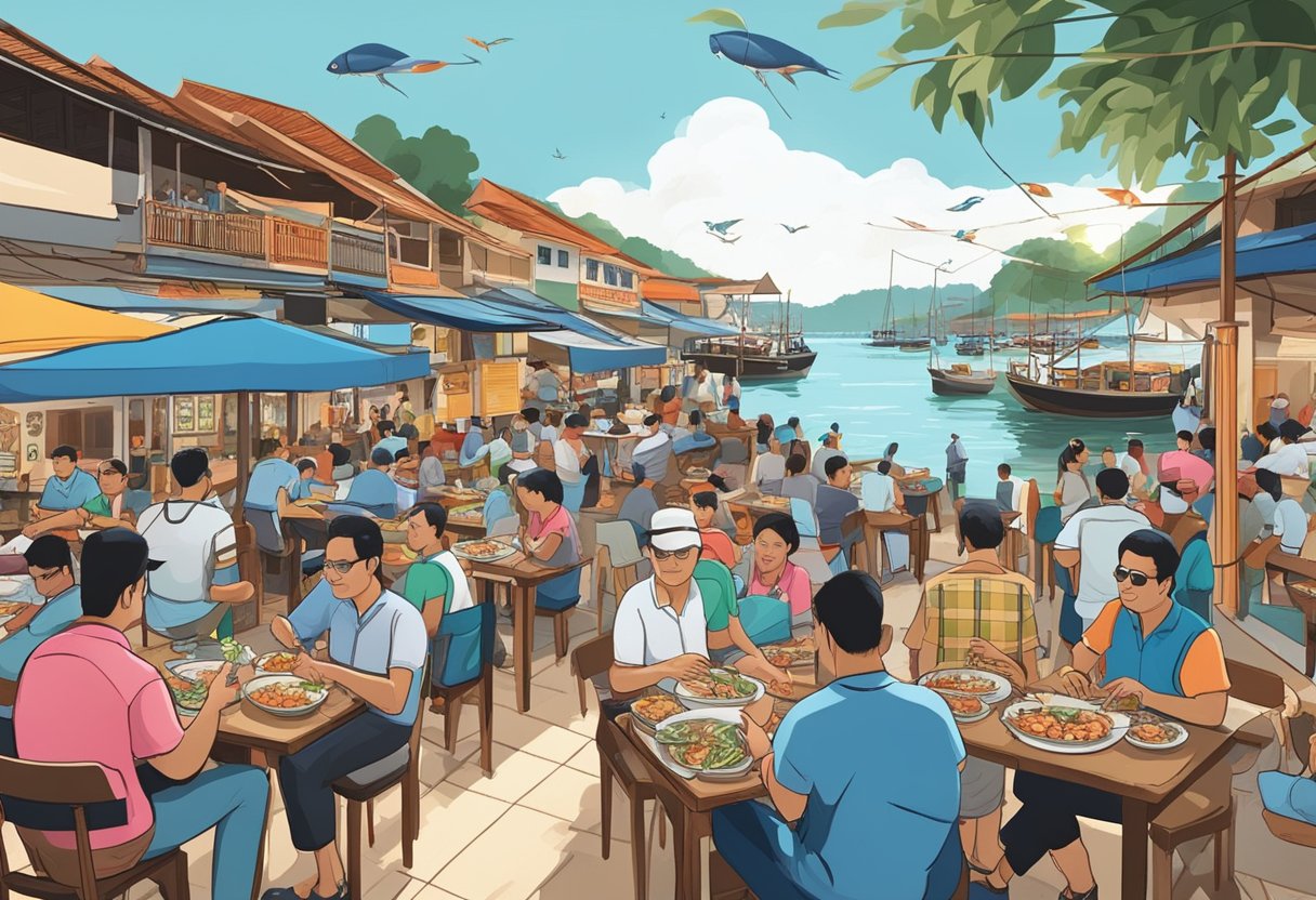 Customers enjoying fresh seafood dishes at a bustling restaurant in Port Dickson, with colorful fishing boats lining the shore