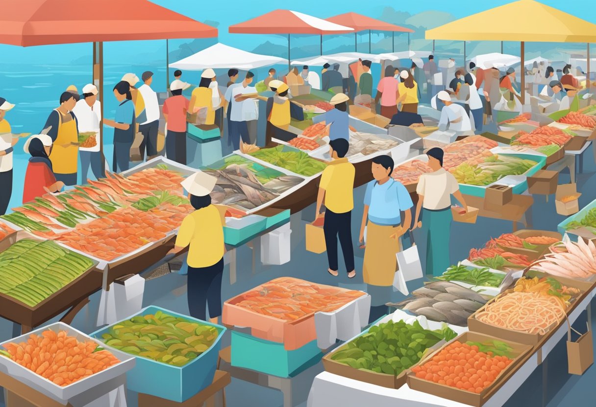 A bustling seafood market in Sitiawan, with colorful stalls displaying fresh catches and bustling with enthusiastic customers