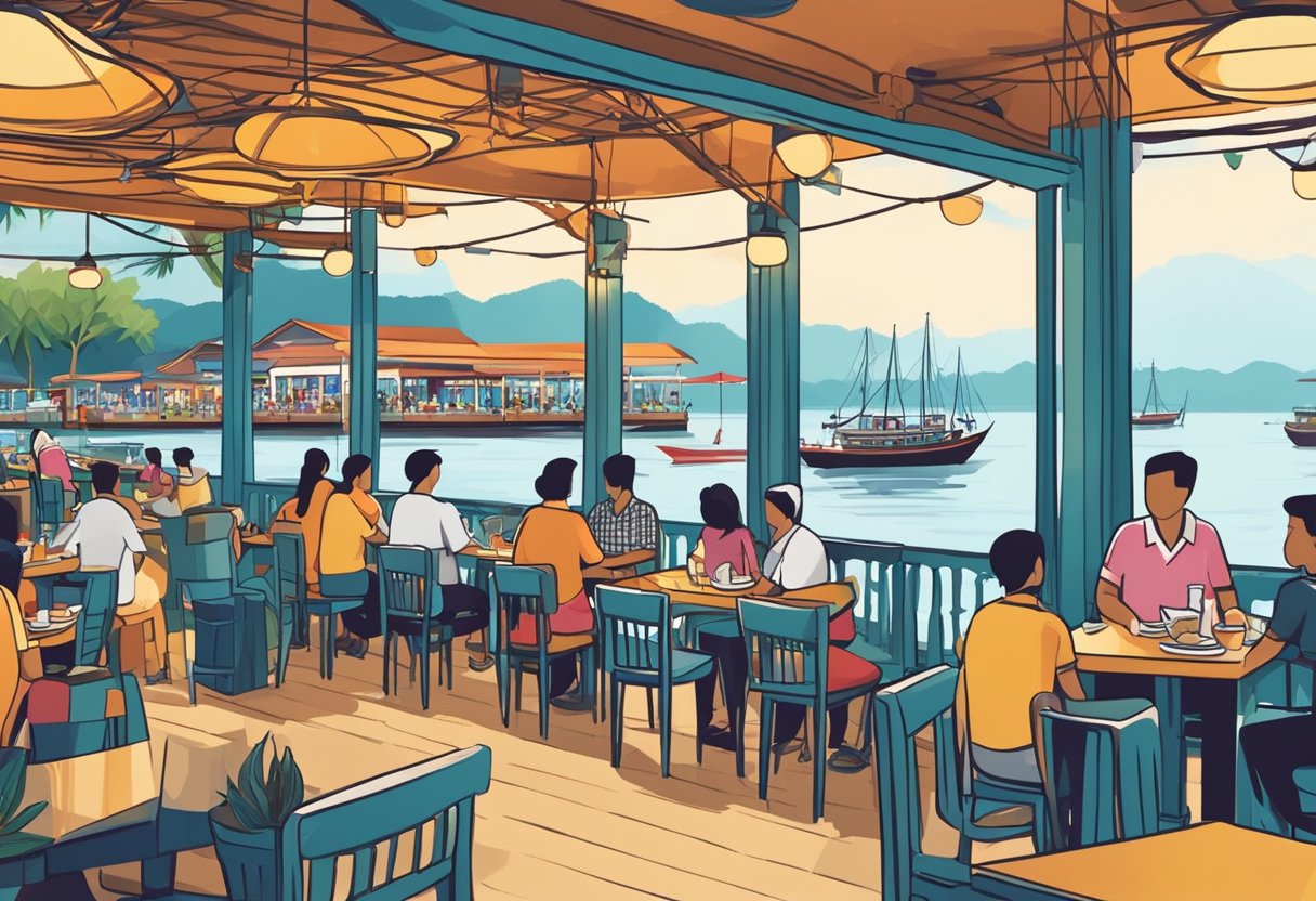 A bustling seafood restaurant in Port Dickson, Singapore, with colorful decor and a waterfront view. Patrons enjoy fresh seafood dishes and lively conversation