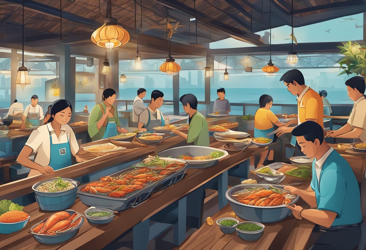 A bustling seafood restaurant in Sitiawan, with diners enjoying fresh catches and lively conversation. The aroma of grilled fish and spices fills the air