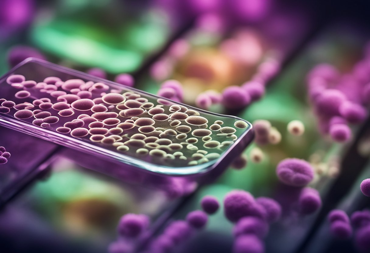 A microscope slide shows Haemophilus bacteria under magnification. A lab technician conducts diagnostic tests