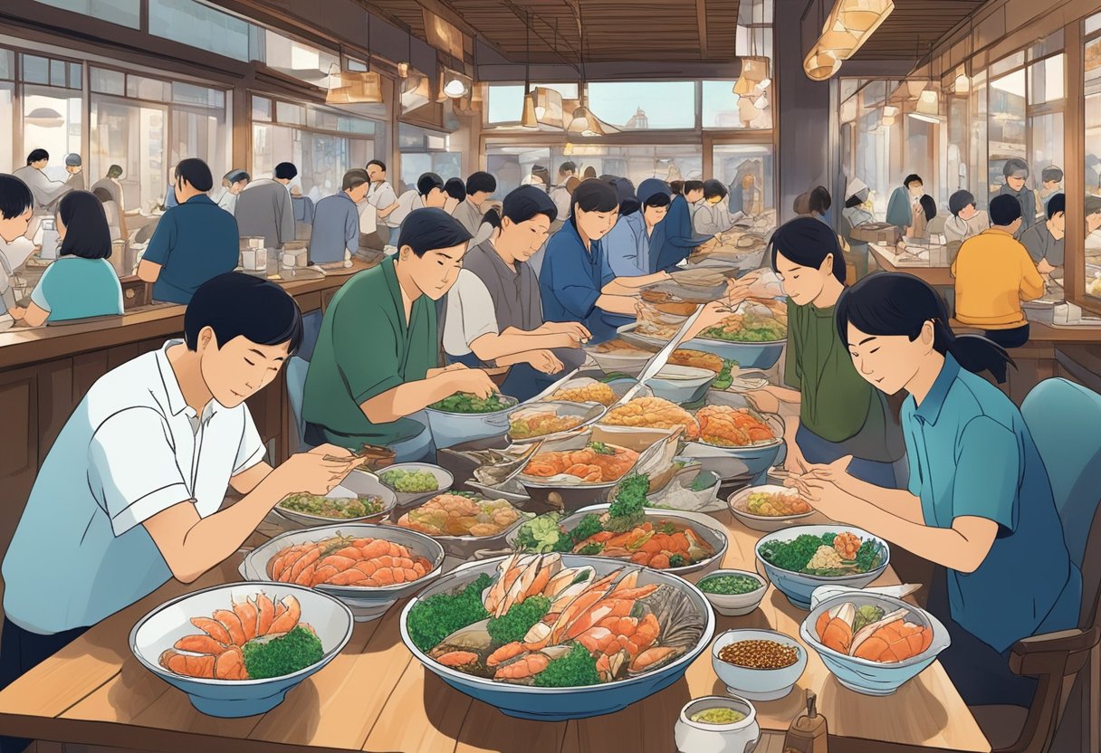 Customers savoring fresh seafood dishes at a bustling Tokyo restaurant, surrounded by vibrant displays of fish and shellfish