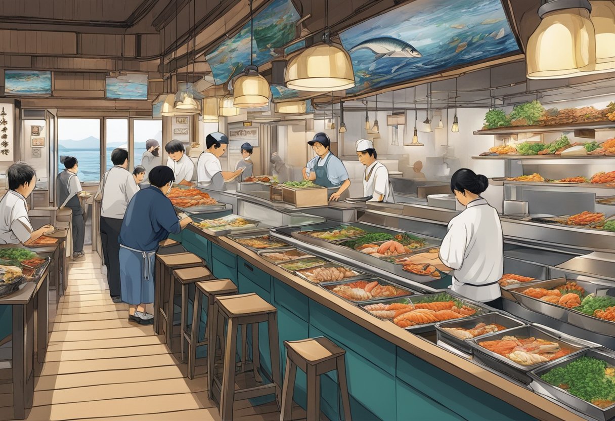 A bustling seafood restaurant in Tokyo, with a vibrant atmosphere and a display of fresh fish and shellfish. Customers eagerly await their meals while chefs work diligently behind the counter