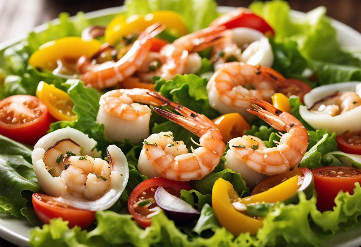 A vibrant array of fresh seafood, including shrimp, crab, and scallops, is artfully arranged atop a bed of crisp lettuce, juicy tomatoes, and colorful bell peppers, all drizzled with a tangy vinaigrette