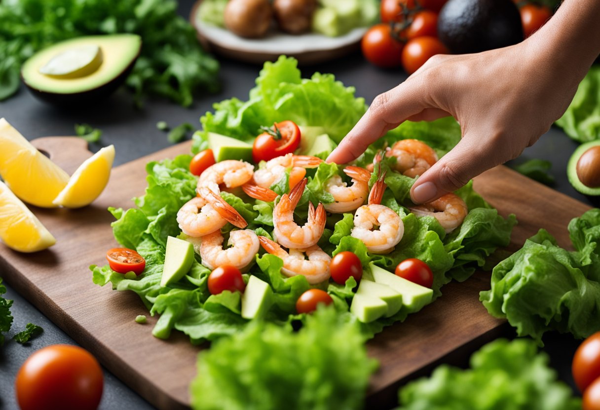 A hand reaches for fresh shrimp, lettuce, tomatoes, and avocado on a cutting board, ready to create the best seafood salad recipe ever