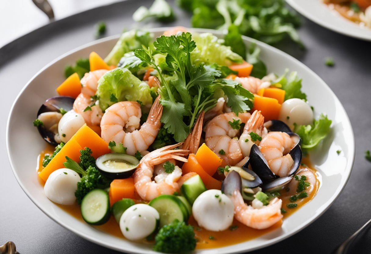 Fresh seafood, colorful vegetables, and tangy dressing being mixed in a large bowl, then elegantly plated on a white dish