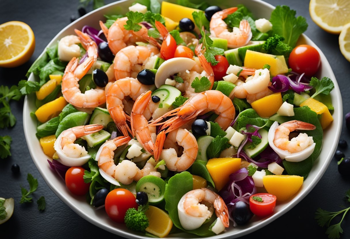 A vibrant seafood salad with a variety of fresh ingredients, including shrimp, crab, and colorful vegetables, is being prepared in a large mixing bowl