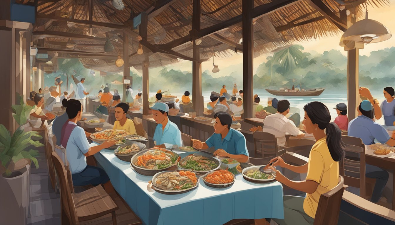 A bustling seafood restaurant in Ubud, with colorful displays of fresh fish and shellfish, surrounded by eager diners enjoying their delicious meals