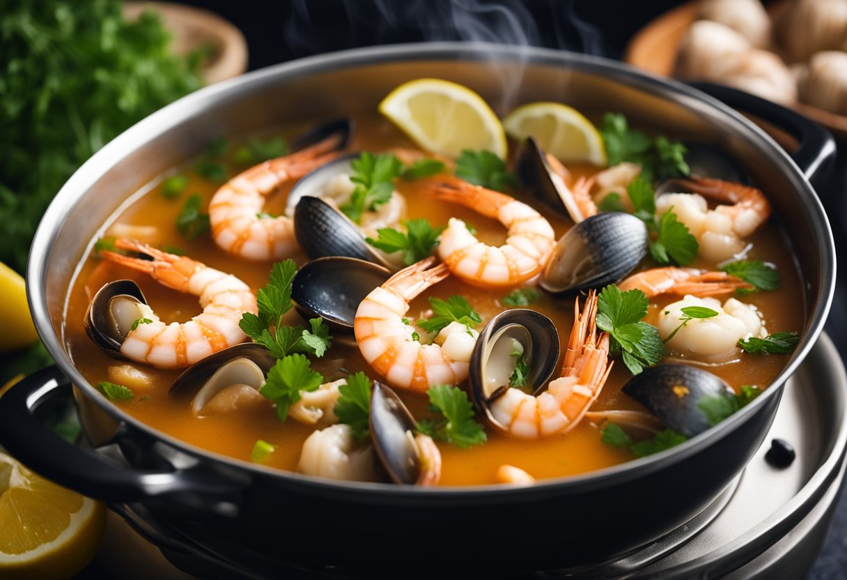 A steaming pot of rich, fragrant seafood soup simmering on a stove, filled with fresh prawns, fish, clams, and aromatic herbs and spices