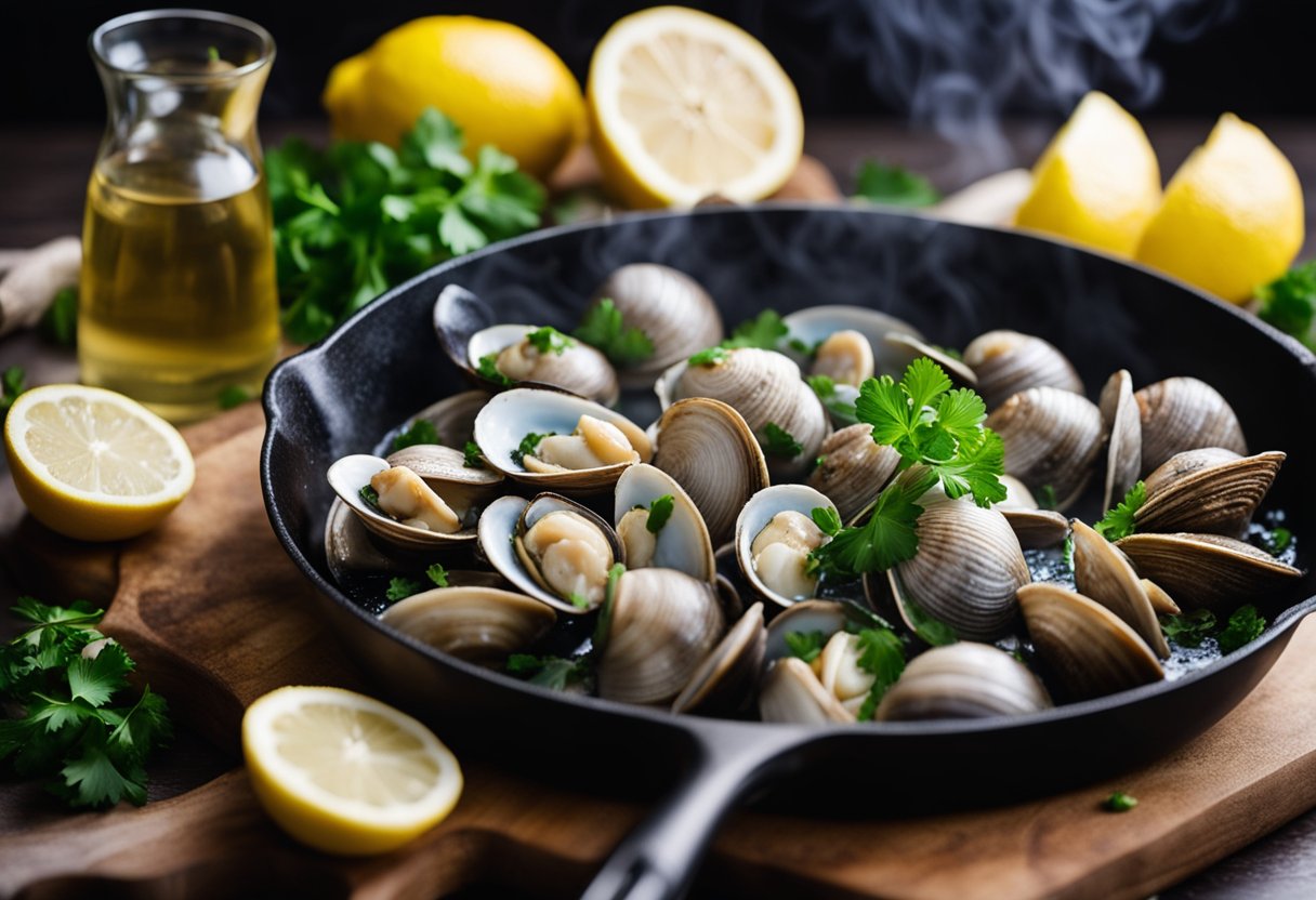 Clams sizzling in a hot skillet with garlic, butter, and white wine, steam rising as they open. Lemon wedges and fresh parsley nearby