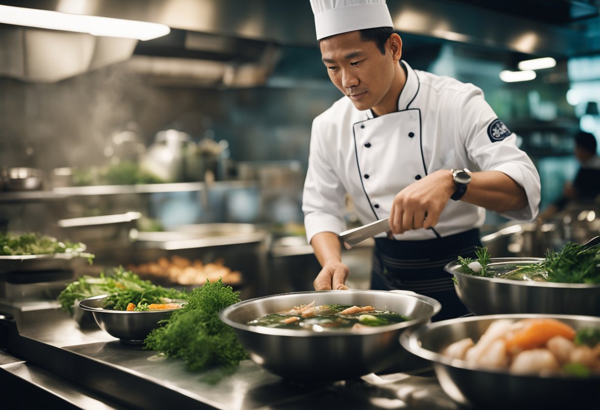 A chef carefully chooses fresh seafood and aromatic herbs for a traditional Singaporean seafood soup recipe