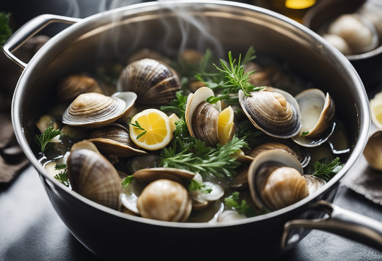 Clams being cleaned and soaked in water, then steamed in a pot with garlic, white wine, and herbs until they open