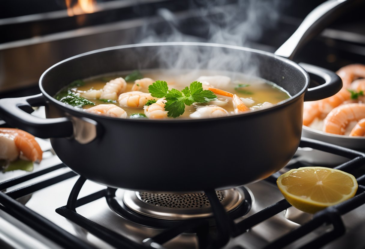 A pot simmers on a stove, filled with a fragrant seafood broth. Steam rises as ingredients are added, creating a tantalizing aroma