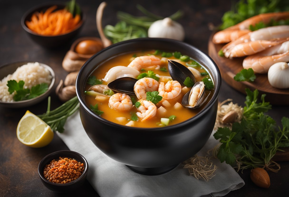 A steaming bowl of seafood soup surrounded by fresh ingredients and spices, with a sign reading "Frequently Asked Questions: Best Seafood Soup Recipe, Singapore."