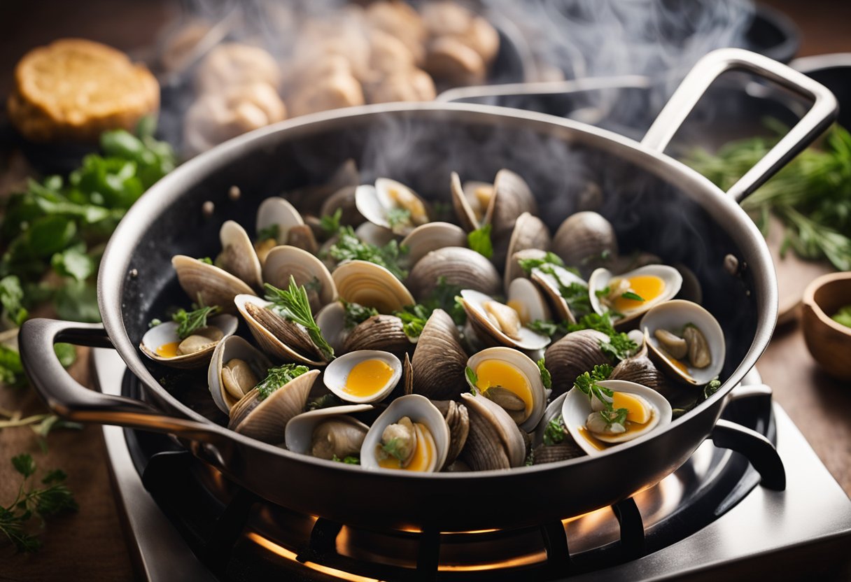 Clams steaming in a pot on a stovetop, surrounded by aromatic herbs and spices. A lid rests slightly ajar, allowing steam to escape