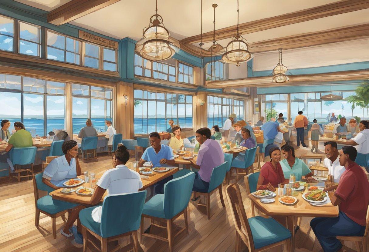 The bustling seafood restaurant buzzes with diners enjoying fresh catches and vibrant flavors, while attentive staff ensure a memorable dining experience