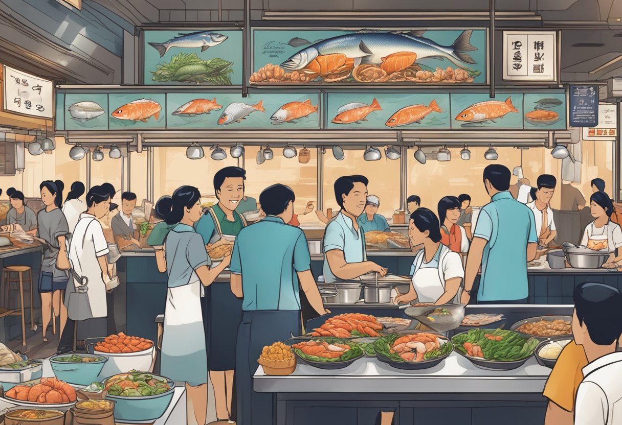 A bustling seafood restaurant in Singapore, with diners enjoying fresh catches and staff bustling about to serve