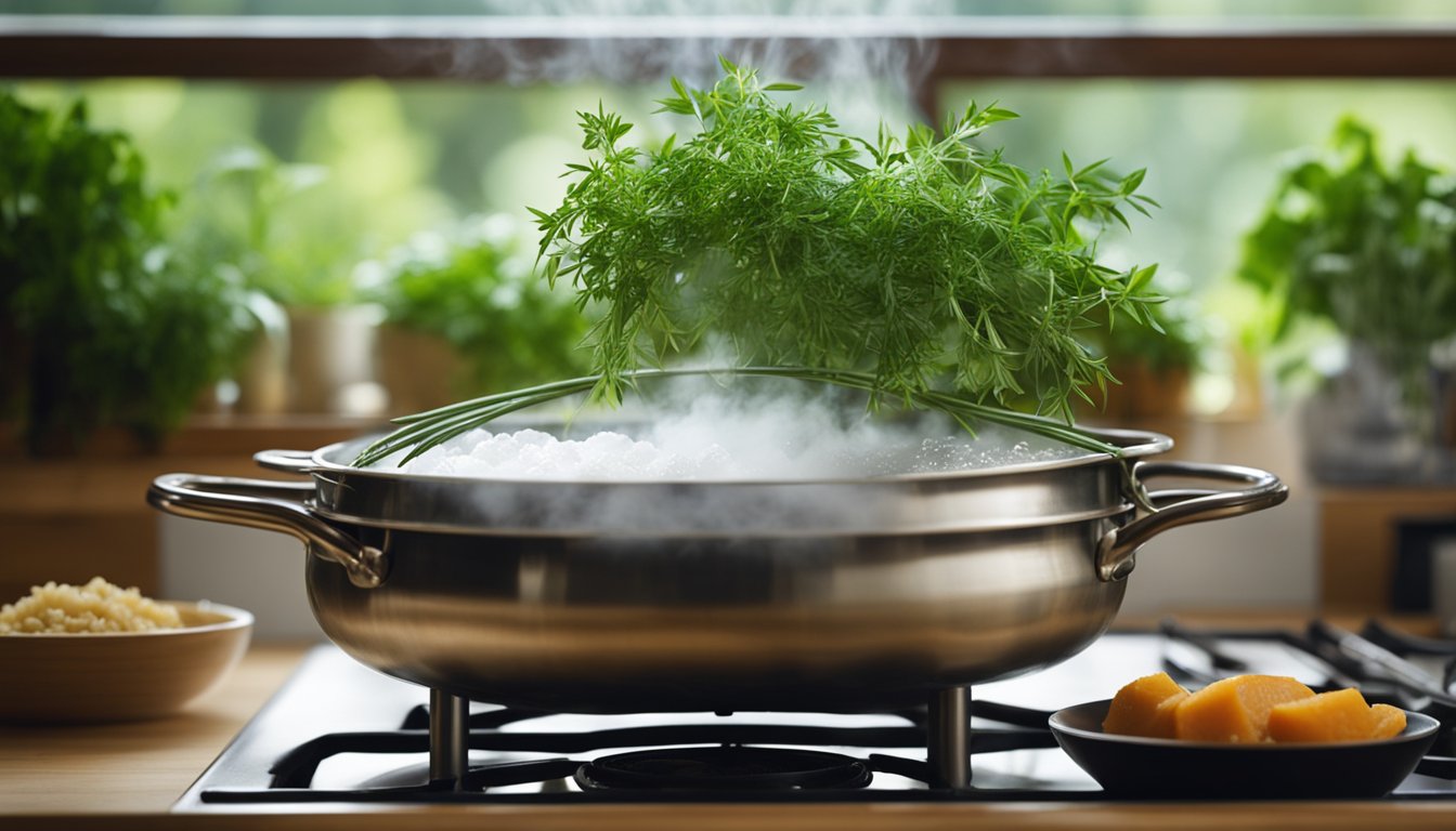 Steam rises from a pot of water on a stove. A whole fish rests on a bed of herbs and aromatics inside a bamboo steamer