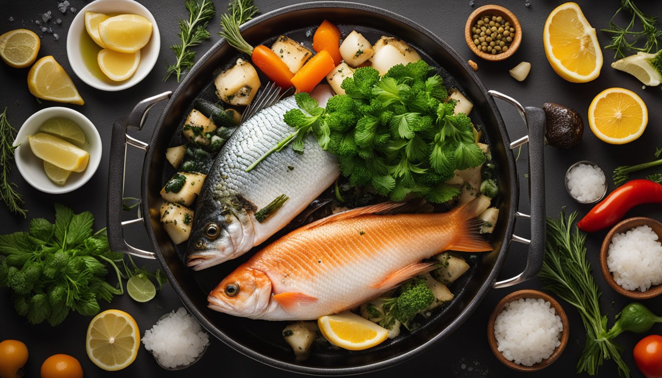 Fresh fish placed on a steamer basket over boiling water, surrounded by aromatic herbs and vegetables