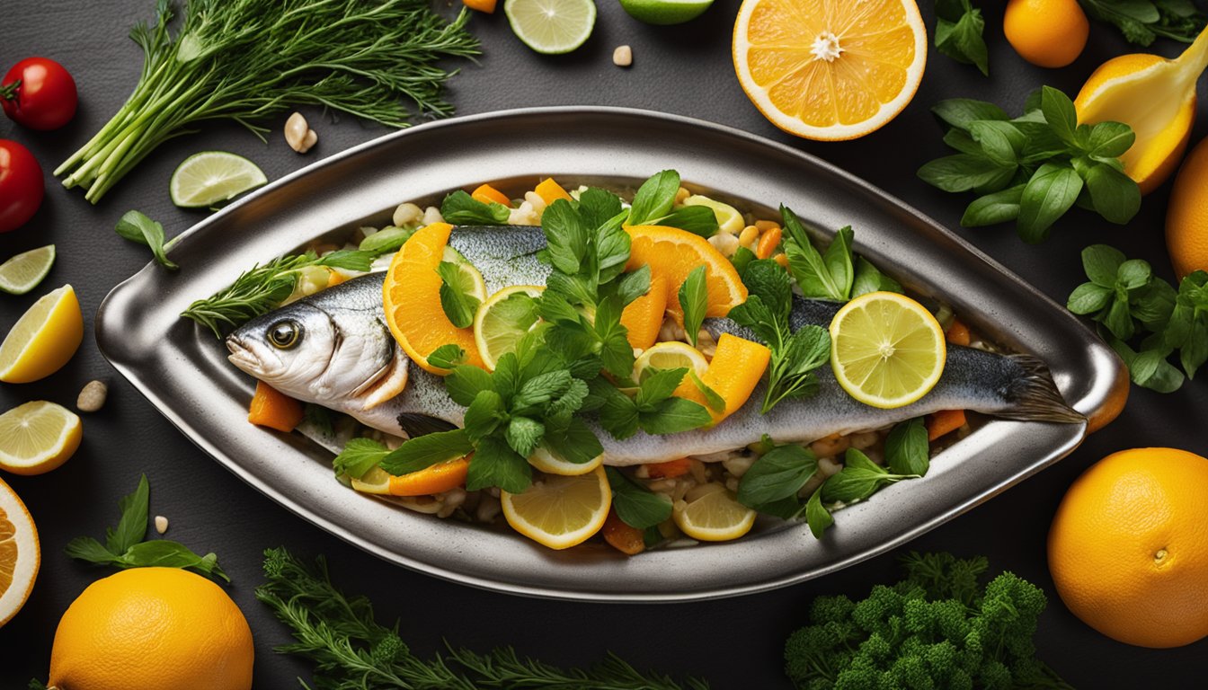 Fresh herbs and citrus slices surround a steaming fish on a bed of vibrant vegetables, with a side of aromatic rice