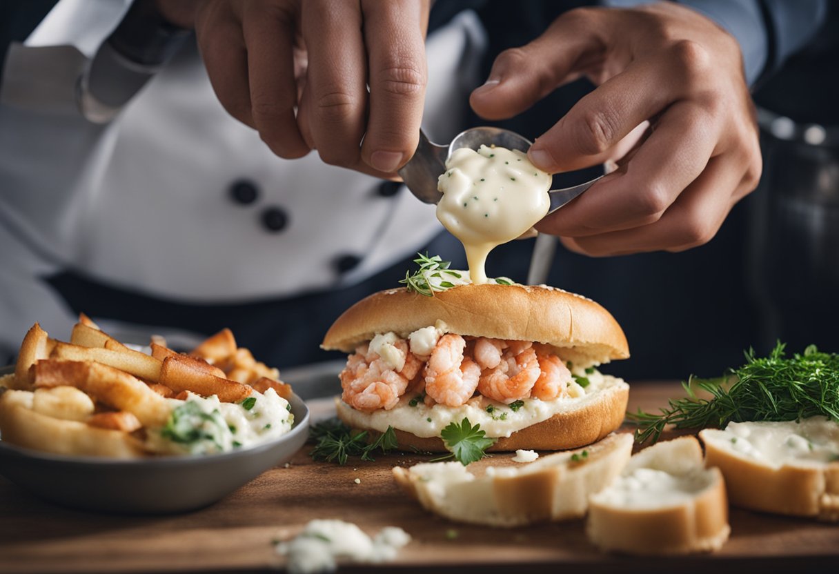 A chef assembling a lobster roll with fresh lobster meat, mayonnaise, and herbs, then serving it on a toasted buttered roll