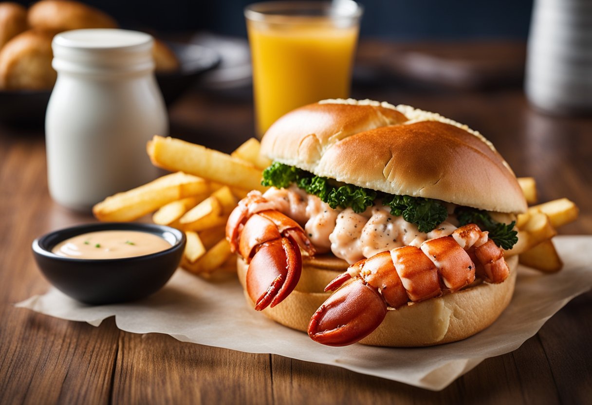 A plump lobster tail nestled in a buttery, toasted roll with a side of crispy fries and a tangy dipping sauce